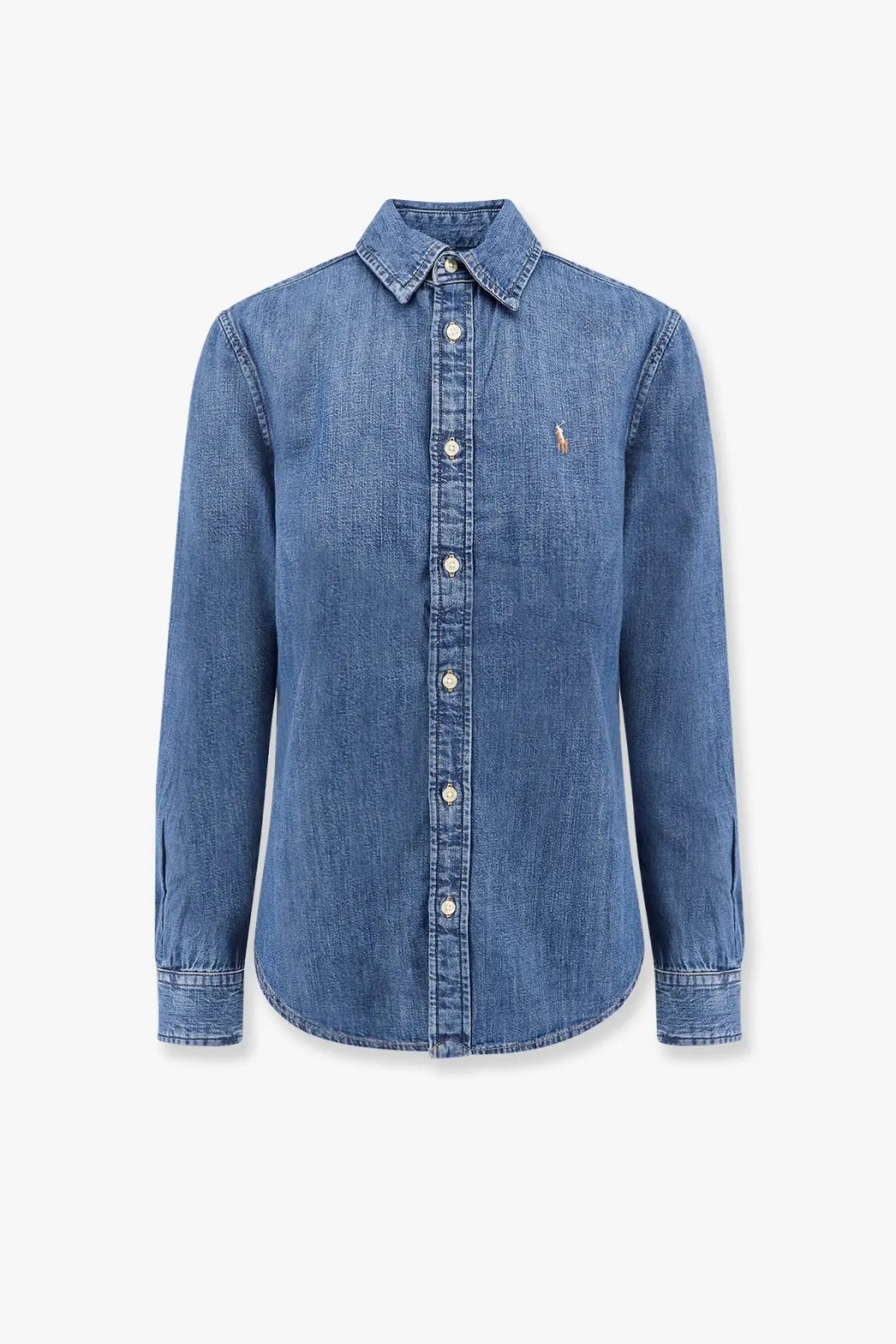 Polo ralph lauren men’s slim fit blue denim button-up shirt with small embroidered logo on left chest
