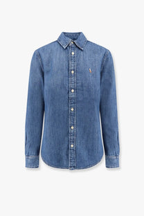 Polo ralph lauren men’s slim fit blue denim button-up shirt with small embroidered logo on left chest