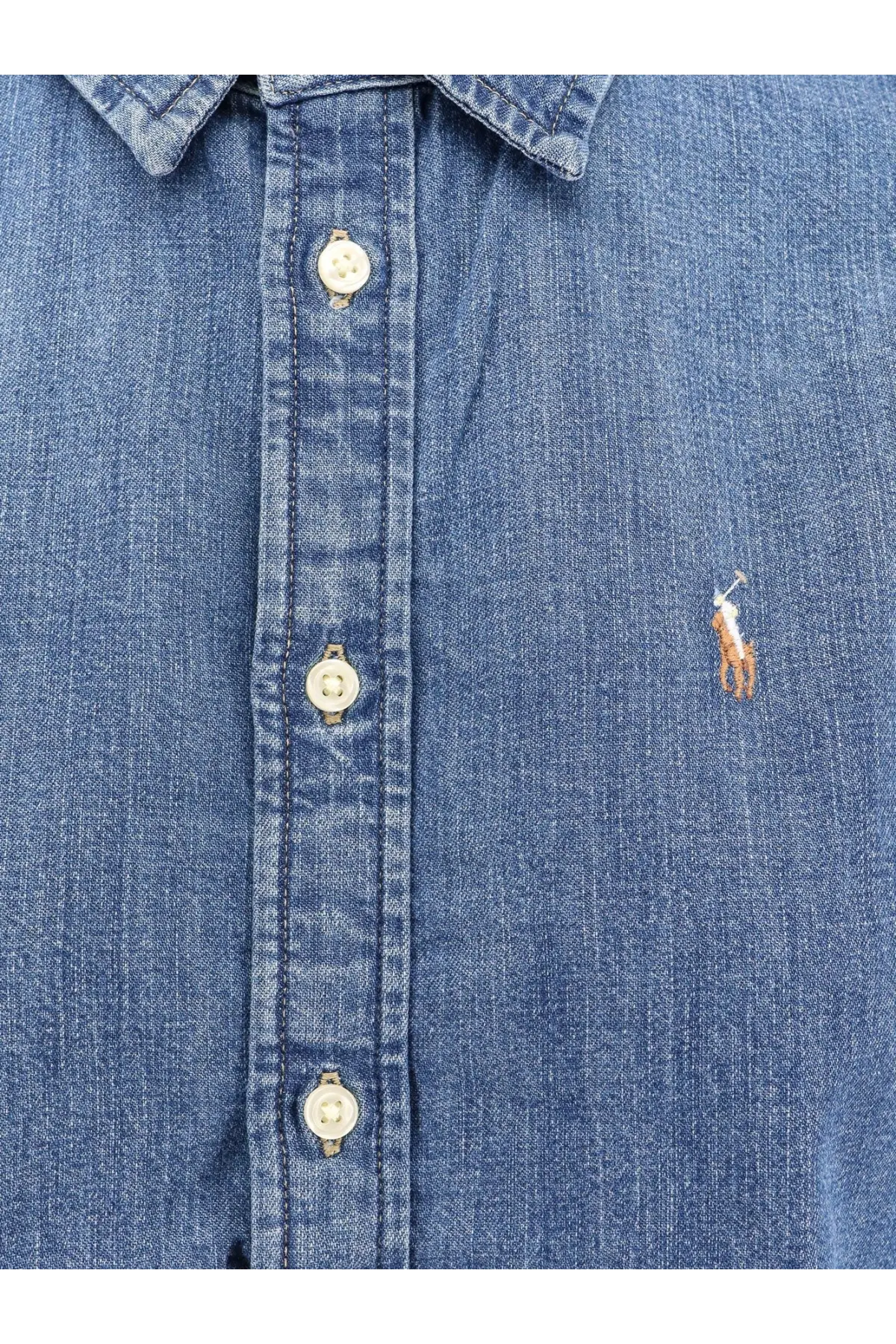 Polo Ralph Lauren men’s blue denim slim fit button-up shirt with small embroidered polo player logo on chest