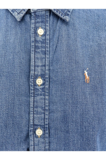 Polo Ralph Lauren men’s blue denim slim fit button-up shirt with small embroidered polo player logo on chest