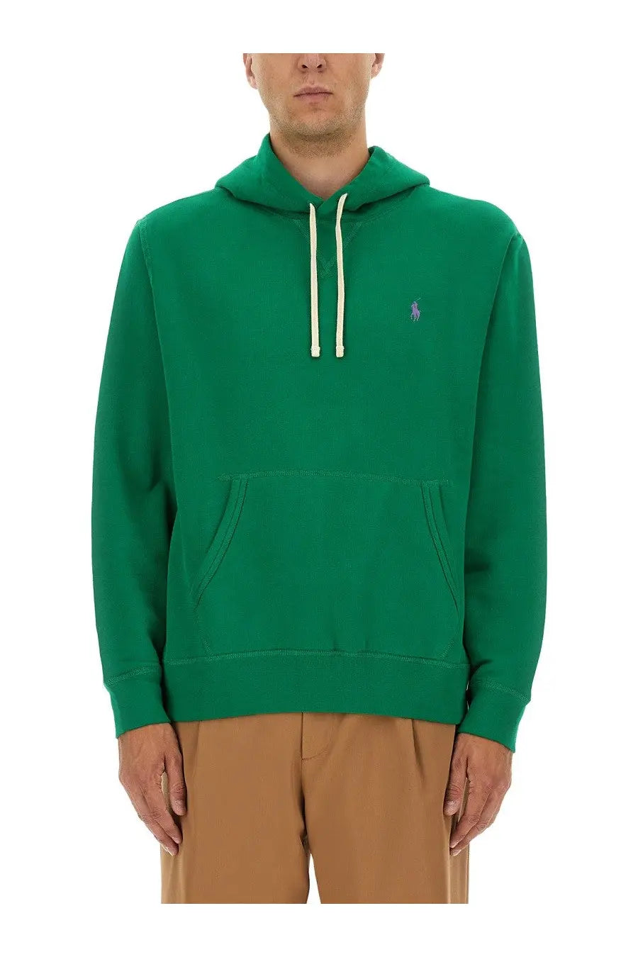 Polo Ralph Lauren men’s green hoodie with cream drawstrings and small embroidered logo on chest front side