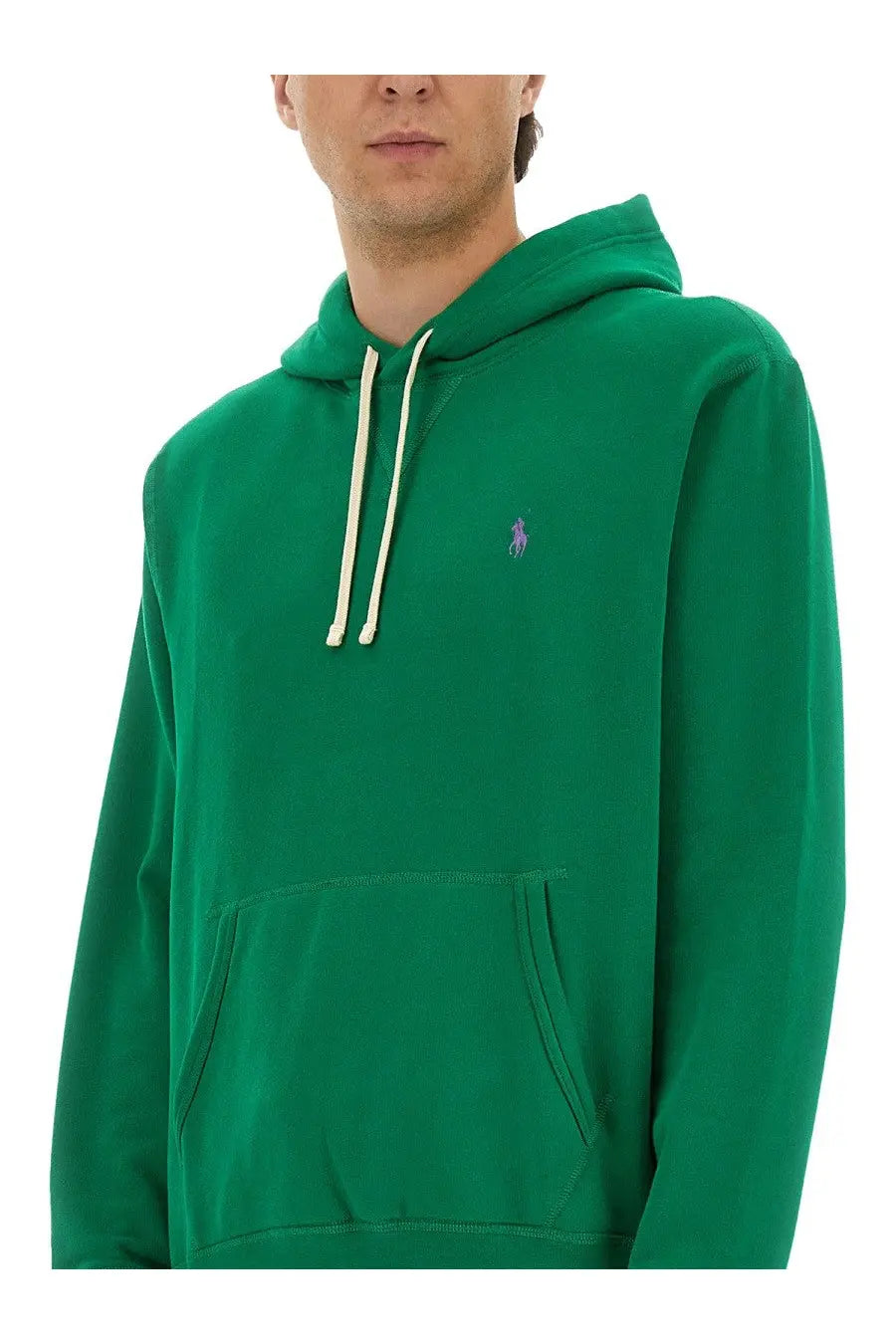 Polo Ralph Lauren men’s green hooded sweatshirt with cream drawstrings and a small purple embroidered chest logo