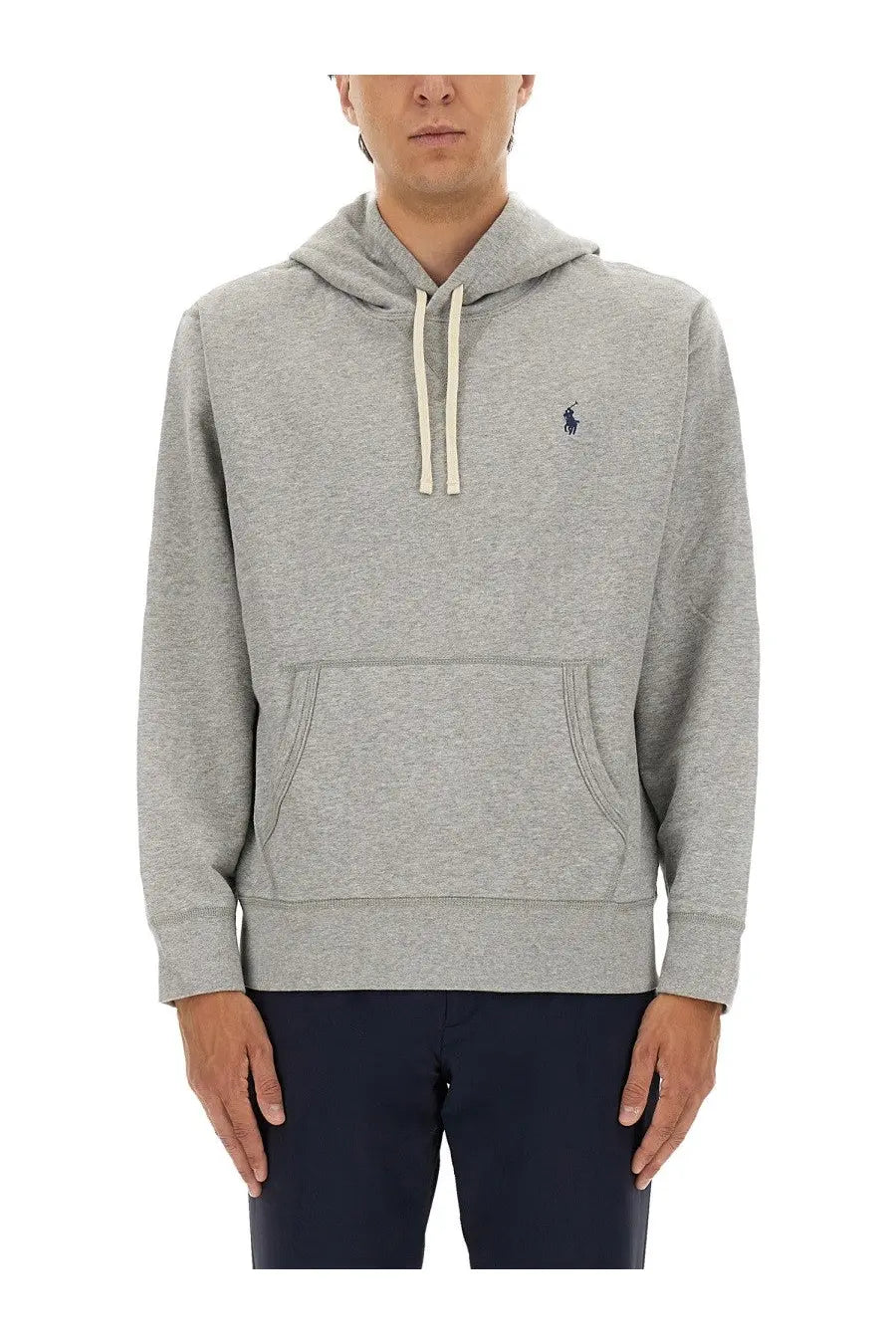 Polo ralph lauren men’s grey heathered cotton hoodie with cream drawstrings and navy blue embroidered logo on chest
