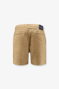 Beige cotton polo ralph lauren men’s linen bermuda shorts back side with elastic waistband and two back pockets
