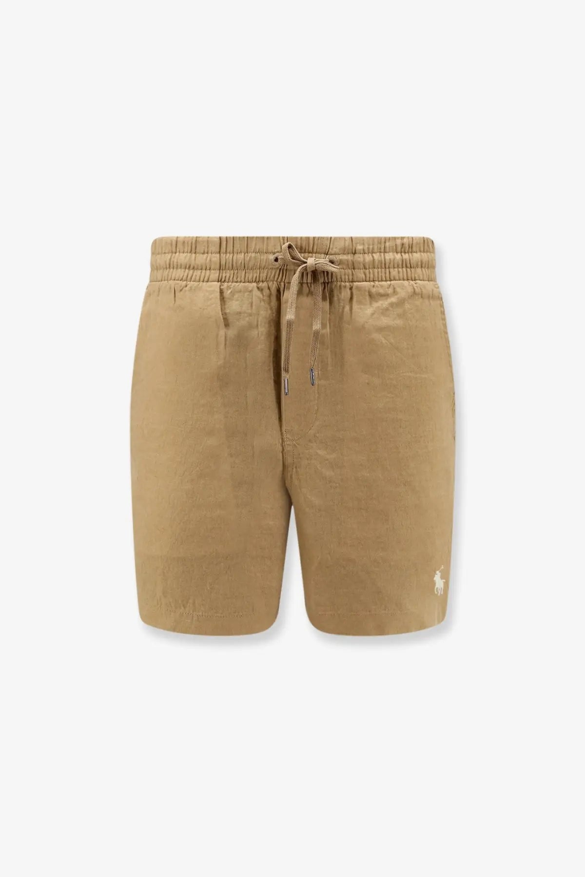 Beige cotton Polo Ralph Lauren men’s linen Bermuda shorts with drawstring waistband and embroidered logo on lower right leg