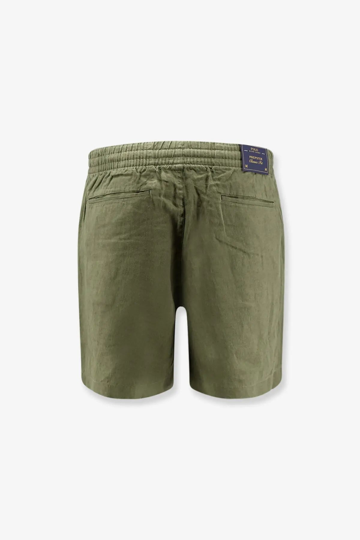 Back side of olive green cotton Polo Ralph Lauren men’s linen Bermuda shorts with elastic waistband and brand label