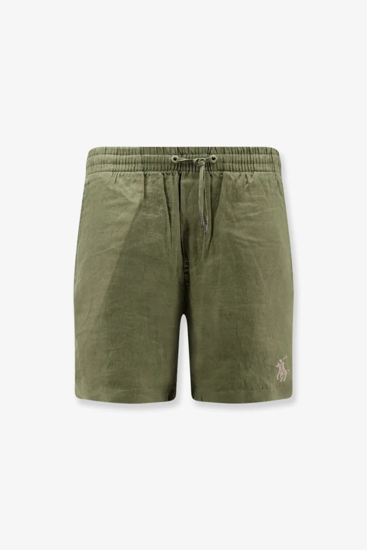 Polo Ralph Lauren men’s olive green linen Bermuda shorts with drawstring waistband and embroidered polo player logo