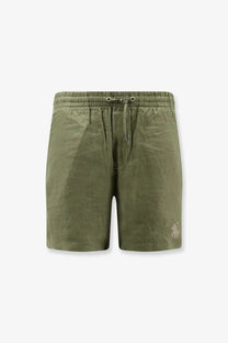 Polo Ralph Lauren men’s olive green linen Bermuda shorts with drawstring waistband and embroidered polo player logo