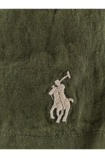 Olive green cotton cap with white embroidered polo ralph lauren logo paired with men’s linen bermuda shorts garden trail