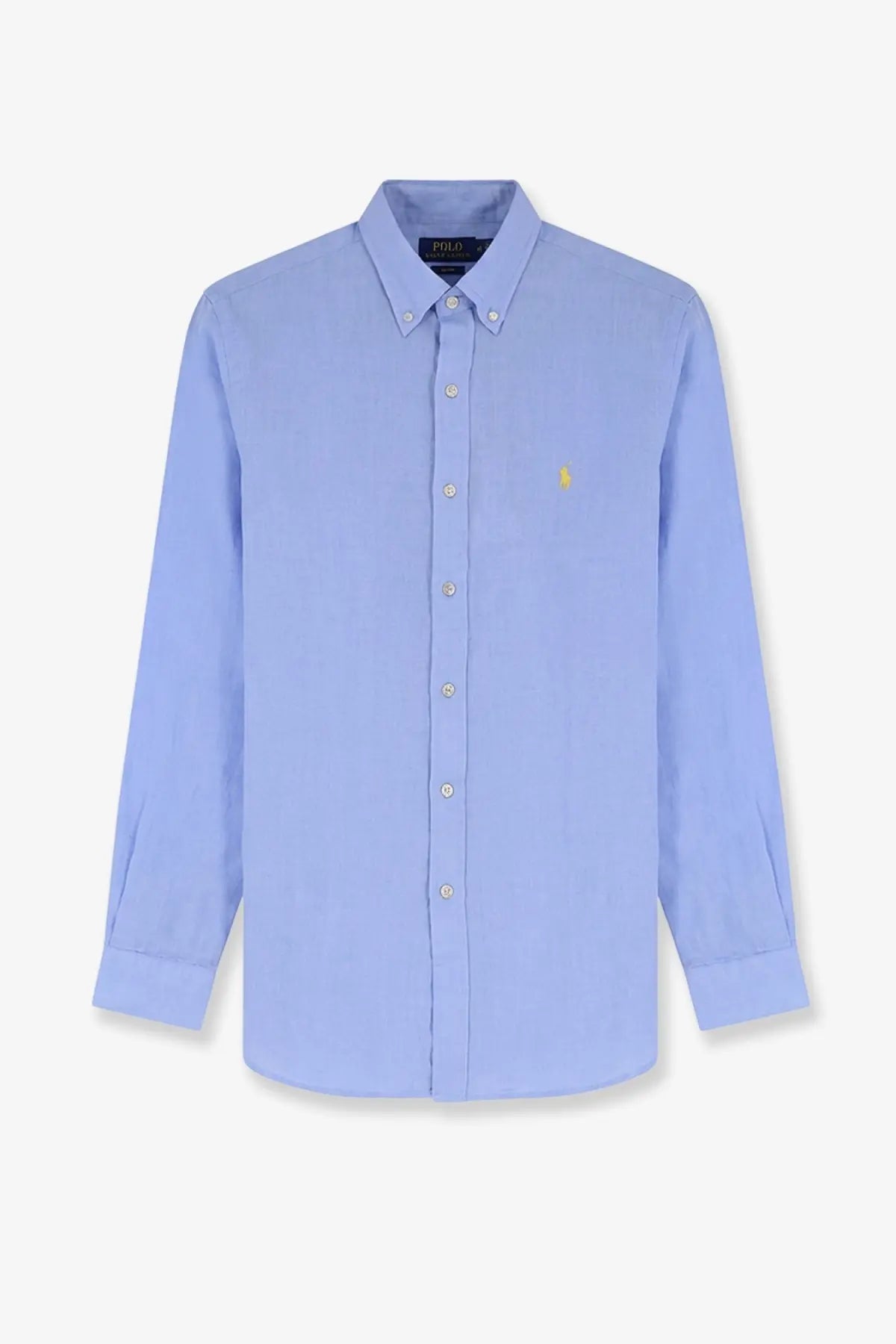 Light blue linen button-down shirt with yellow embroidered polo player logo and white buttons by polo ralph lauren