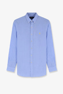 Light blue linen button-down shirt with yellow embroidered polo player logo and white buttons by polo ralph lauren