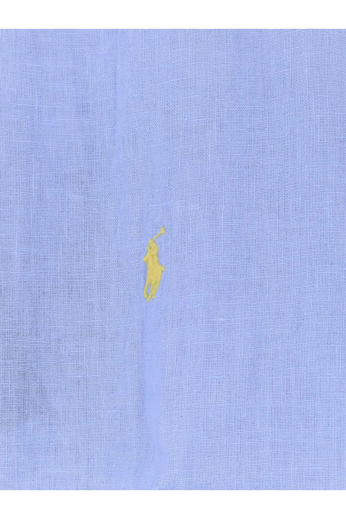 Light blue linen polo ralph lauren men’s shirt with small yellow embroidered polo player logo