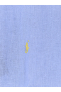 Light blue linen polo ralph lauren men’s shirt with small yellow embroidered polo player logo