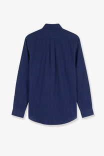 Navy blue long-sleeved button-down linen shirt with subtle back pleat and finished cuffs by polo ralph lauren