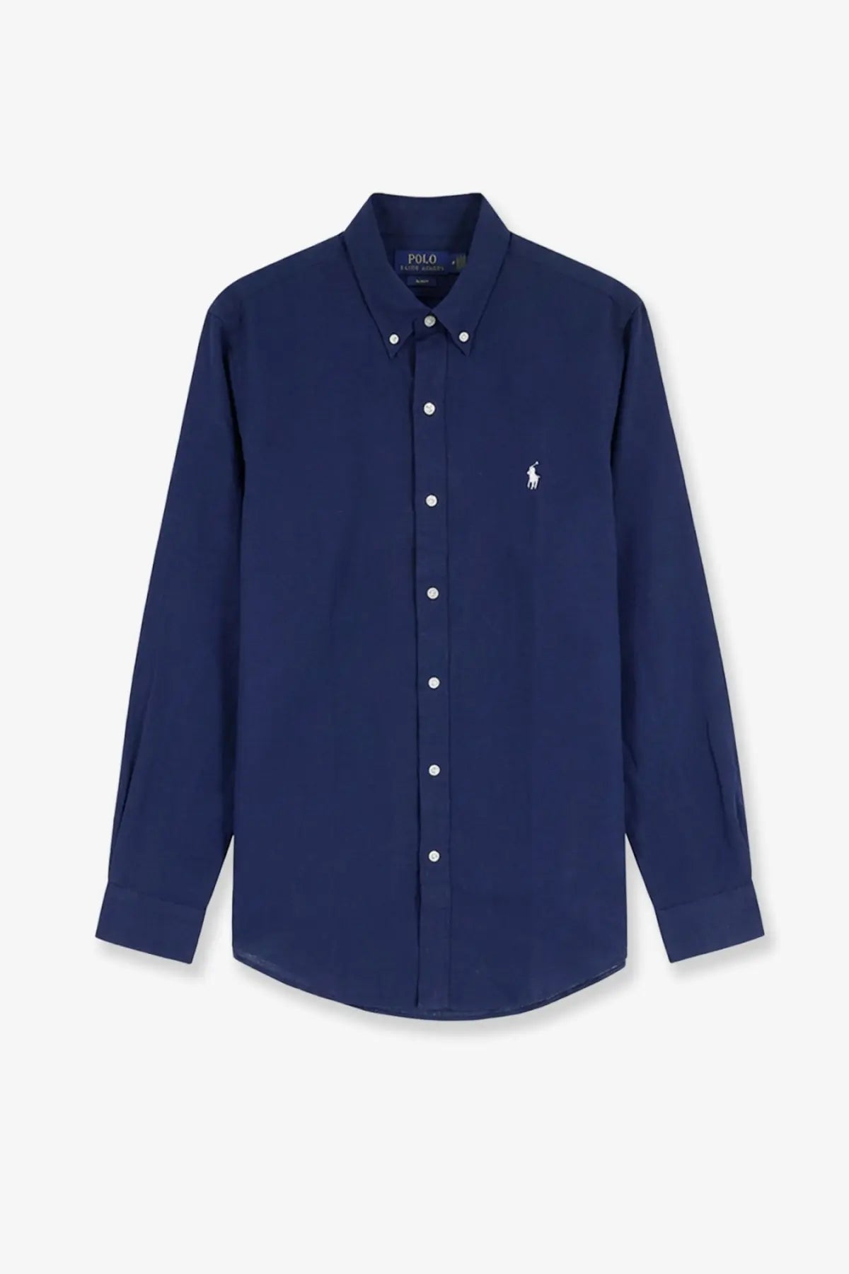 Navy blue Polo Ralph Lauren men’s long-sleeved linen shirt with white embroidered polo player logo and matching buttons