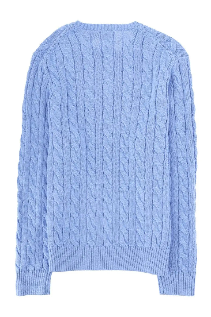 Light blue cable-knit sweater with ribbed cuffs and hem from Polo Ralph Lauren men’s maglia trecce con blue collection