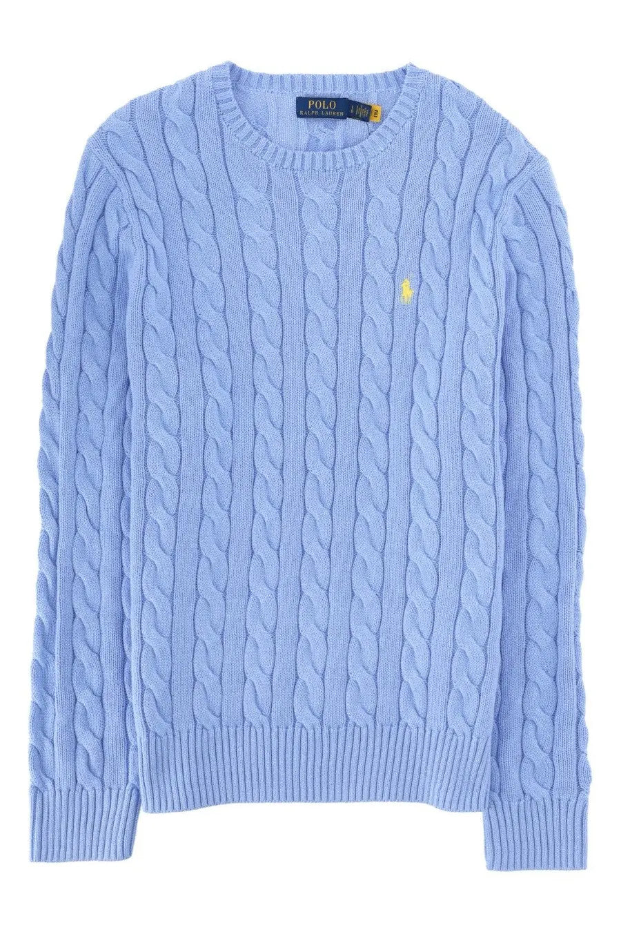 Light blue cable knit sweater with yellow embroidered polo player logo and branded tag by polo ralph lauren men’s maglia trecce con blue