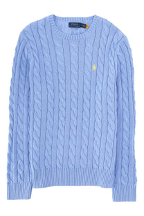 Light blue cable knit sweater with yellow embroidered polo player logo and branded tag by polo ralph lauren men’s maglia trecce con blue