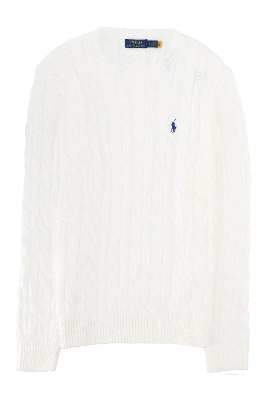 White cable-knit sweater with navy blue embroidered polo ralph lauren logo on chest from polo ralph lauren