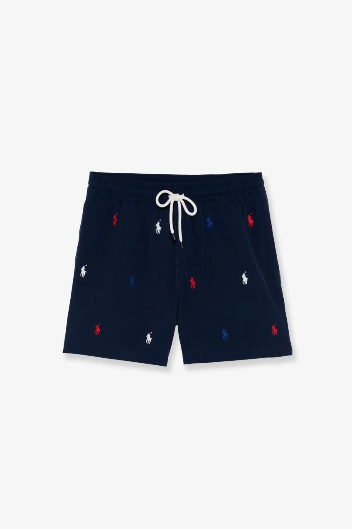 Navy blue Polo Ralph Lauren men’s nylon swim trunks with a repeating embroidered polo player logo pattern