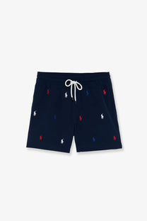 Navy blue Polo Ralph Lauren men’s nylon swim trunks with a repeating embroidered polo player logo pattern in red white and blue