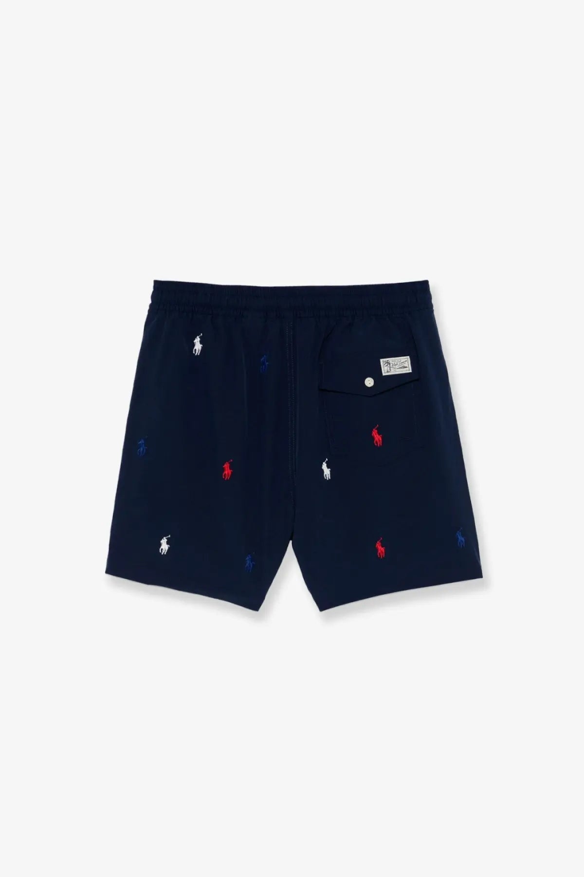 Polo Ralph Lauren men’s navy blue nylon swim trunks with embroidered polo player and red white and blue accents