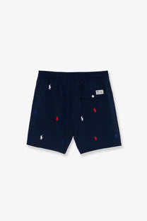 Polo Ralph Lauren men’s navy blue nylon swim trunks with embroidered polo player and red white and blue accents