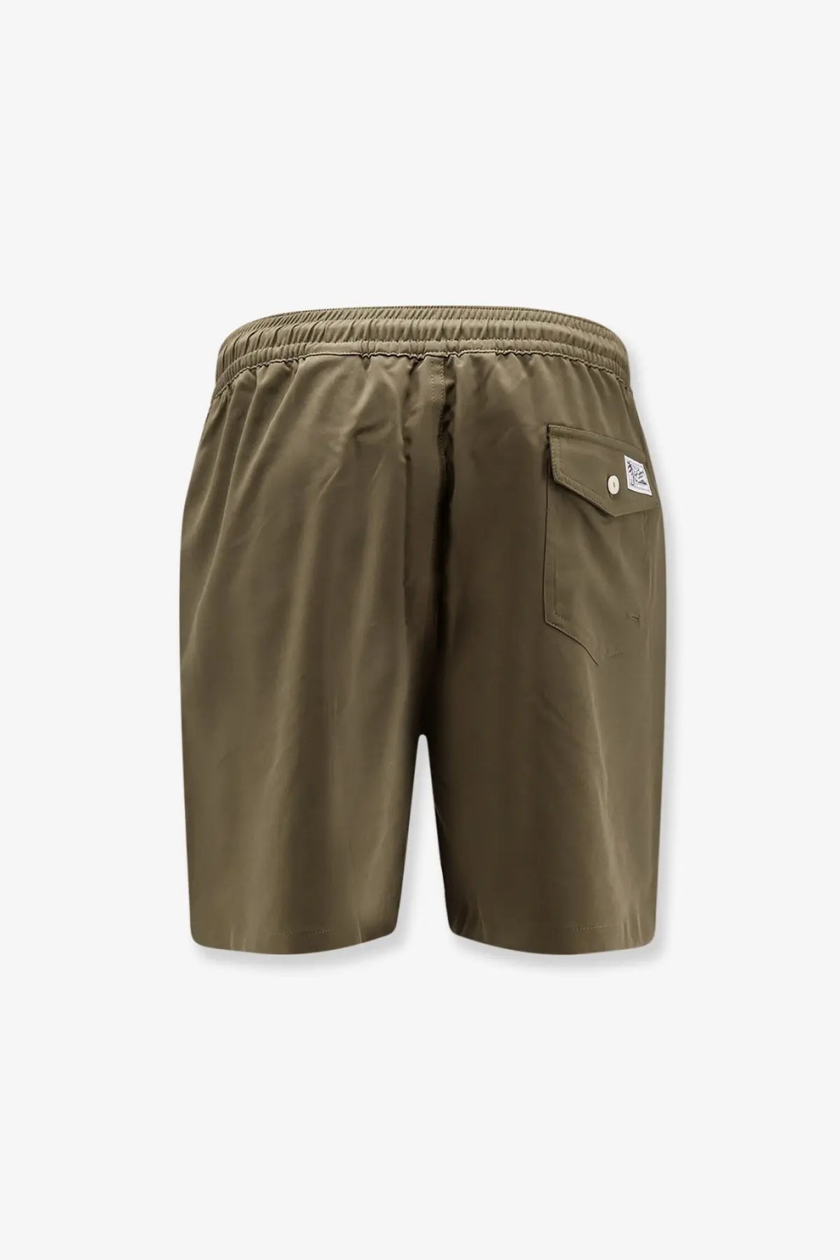 Back view of olive green polo ralph lauren men’s nylon swimtrunk with elastic waistband and buttoned back pocket
