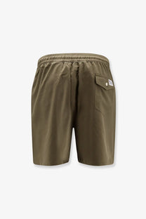 Back view of olive green polo ralph lauren men’s nylon swimtrunk with elastic waistband and buttoned back pocket