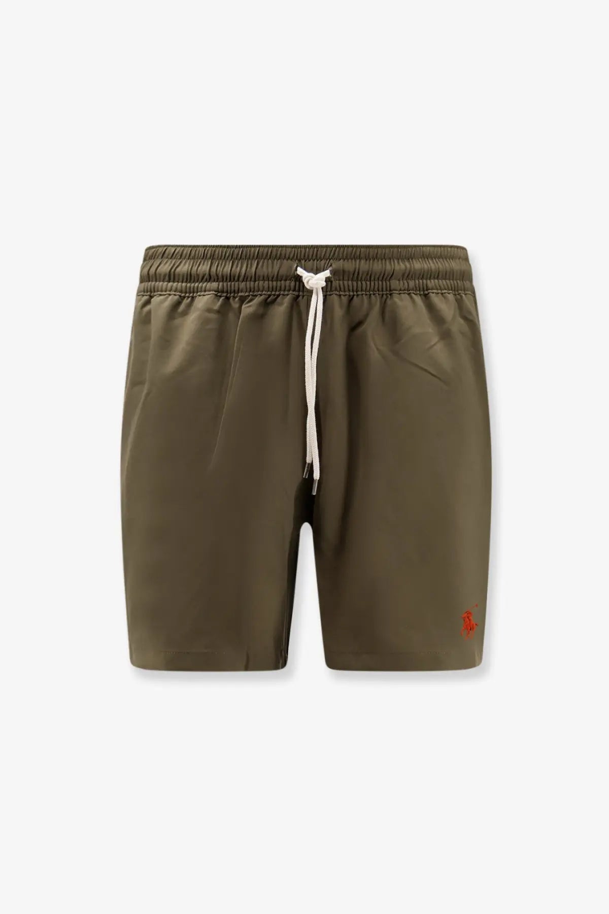 Polo Ralph Lauren men’s olive green nylon swimtrunk with white drawstring and red embroidered logo on lower right leg