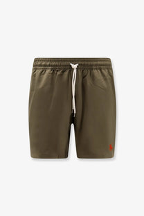 Polo Ralph Lauren men’s olive green nylon swimtrunk with white drawstring and red embroidered logo on lower right leg