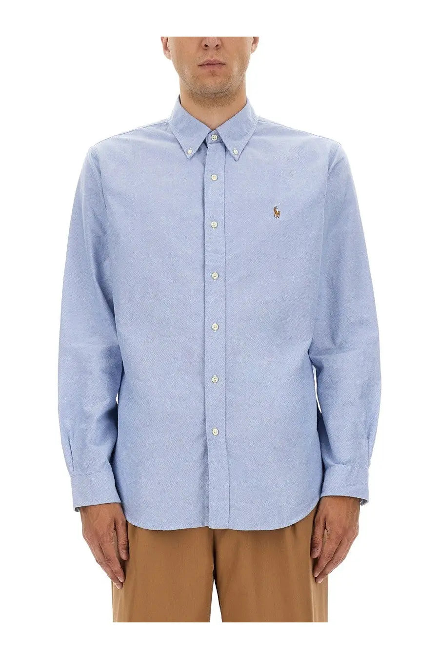 Polo ralph lauren men’s oxford custom shirt in light blue with textured weave and embroidered polo player logo on chest