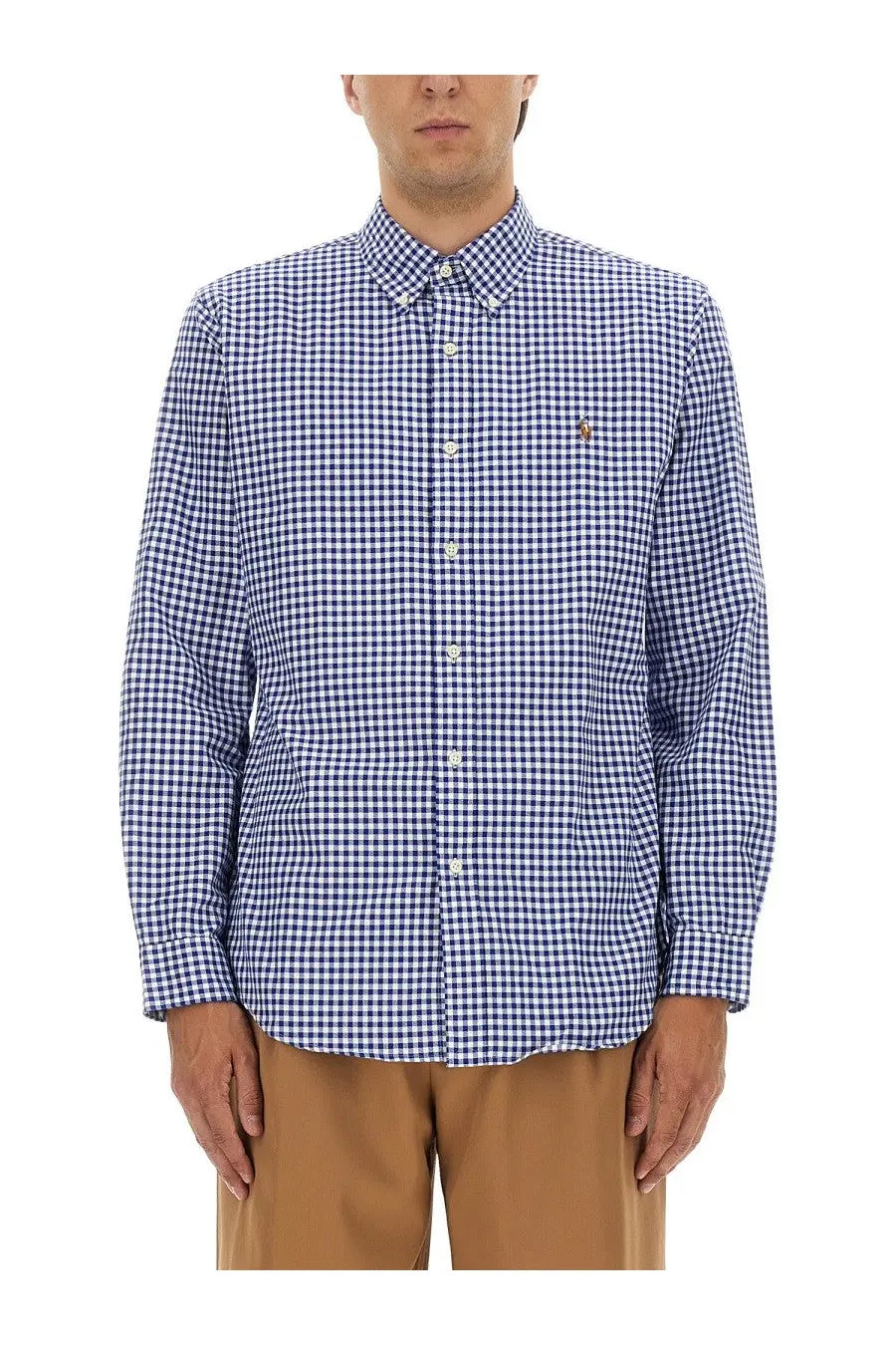 Polo Ralph Lauren men’s oxford custom shirt in blue and white gingham with button-down collar and embroidered chest logo