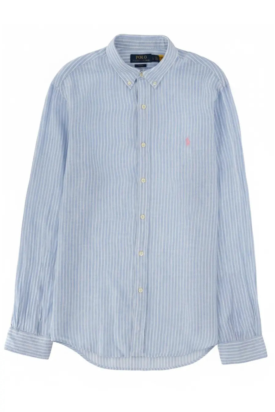 Polo Ralph Lauren men’s light blue and white striped long-sleeved cotton button-down shirt with pink logo