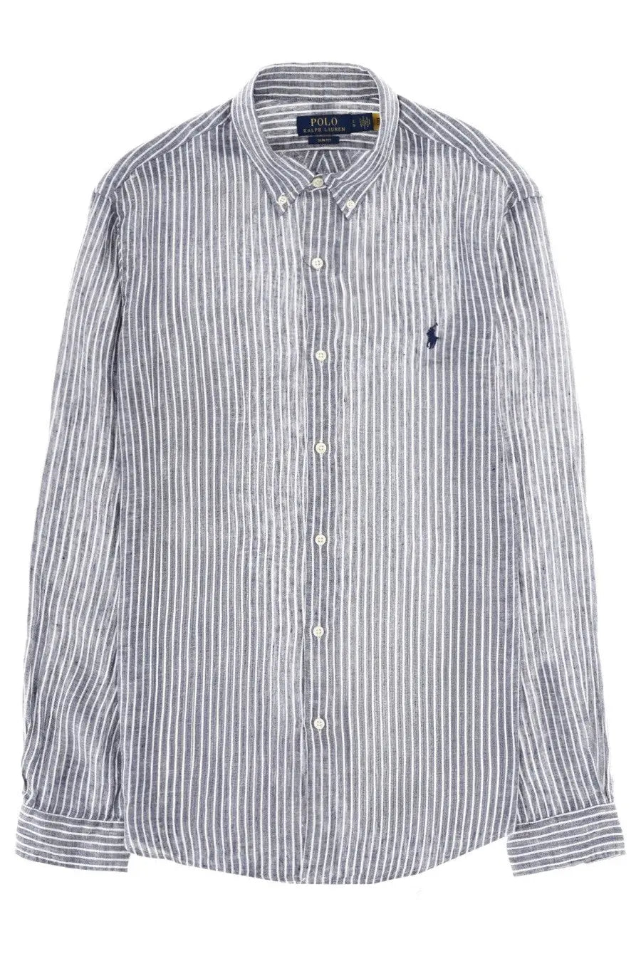 Polo Ralph Lauren men’s navy and white vertically striped button-down shirt with embroidered polo player logo