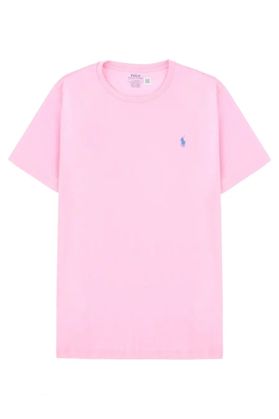 Polo ralph lauren men’s pink short-sleeved cotton t-shirt with small blue embroidered polo player logo on left chest
