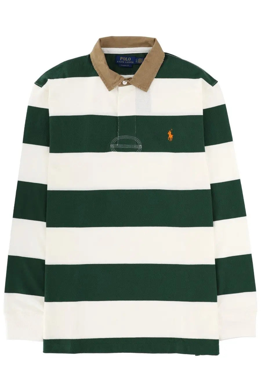 Polo ralph lauren men’s rugby green long-sleeved polo shirt with green and white stripes tan collar and orange horse logo