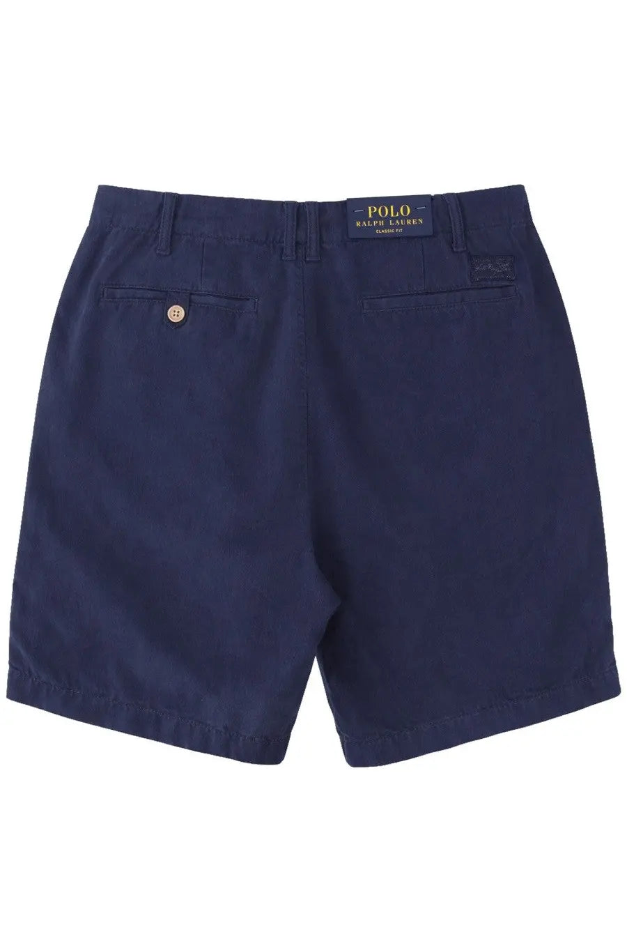 Back view of navy blue cotton polo ralph lauren men’s shorts with classic back pocket button and brand label