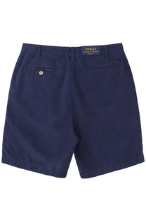 Back view of navy blue cotton polo ralph lauren men’s shorts with classic back pocket button and brand label