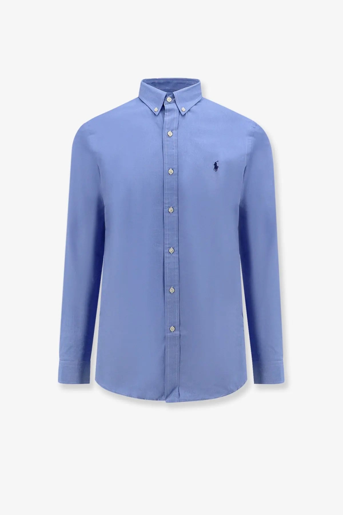 Polo Ralph Lauren men’s light blue stretch cotton shirt with long sleeves textured weave and navy embroidered logo
