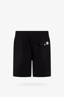 Black cotton polo ralph lauren men’s swim trunks with elastic waistband and white label on the back pocket shown from behind