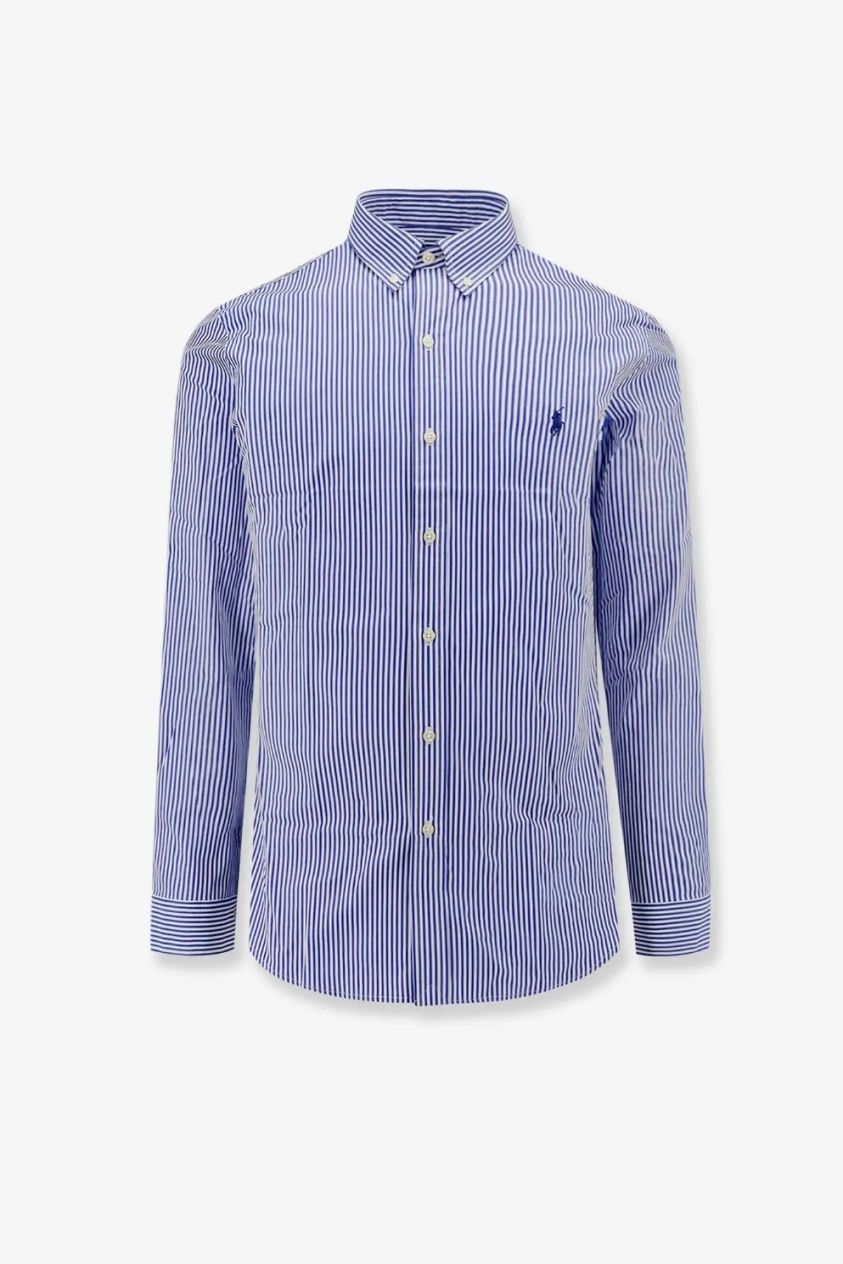 Polo Ralph Lauren men’s striped stretch cotton shirt in blue and white with embroidered polo player logo on left chest