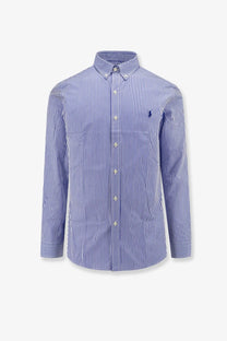 Polo Ralph Lauren men’s striped stretch cotton shirt in blue and white with embroidered polo player logo on left chest