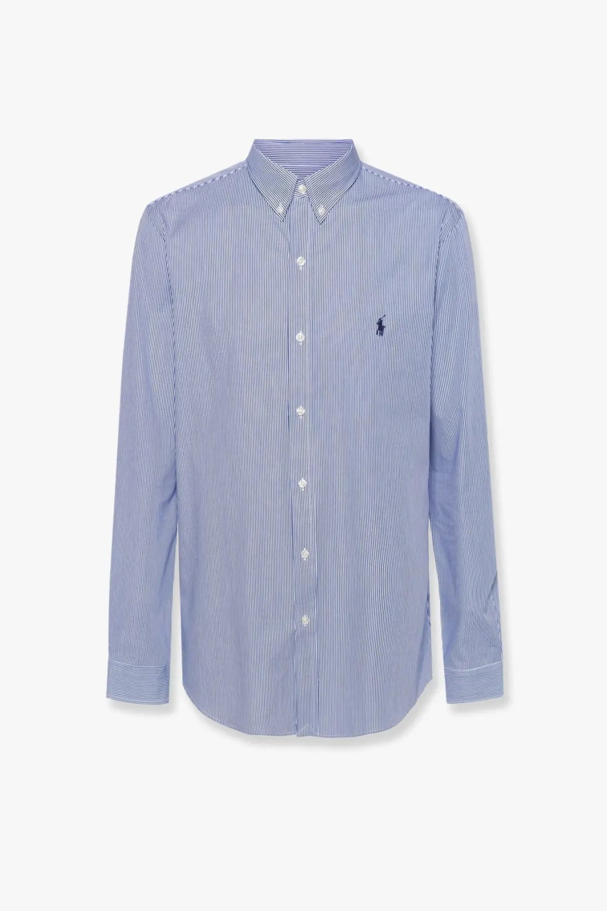 Polo Ralph Lauren men’s long-sleeved striped stretch cotton shirt in blue and white with embroidered polo player logo