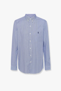 Polo Ralph Lauren men’s long-sleeved striped stretch cotton shirt in blue and white with embroidered polo player logo