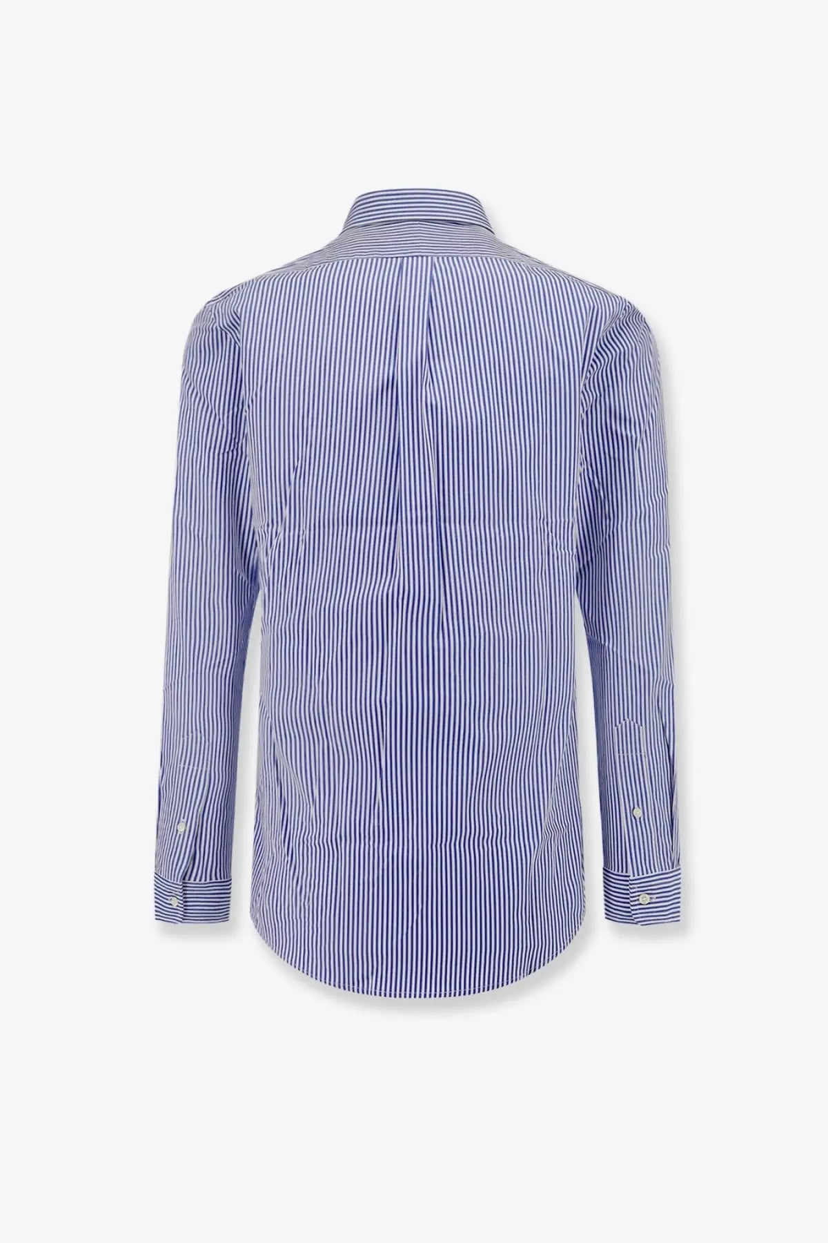 Polo Ralph Lauren men’s striped stretch cotton shirt in blue and white vertical stripes with button-down collar and cuffs