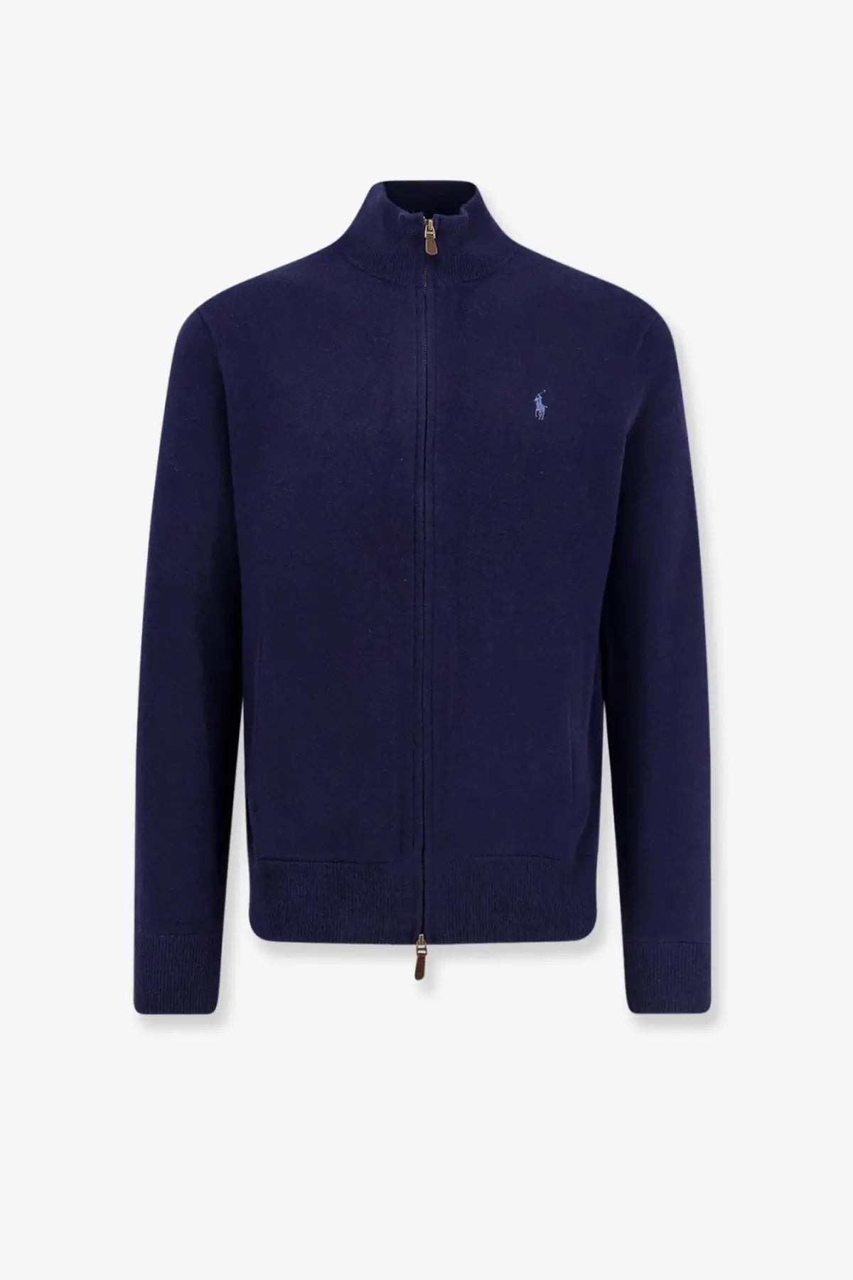 Polo Ralph Lauren men’s navy blue wool cardigan with zip-up front and embroidered polo player logo on left chest