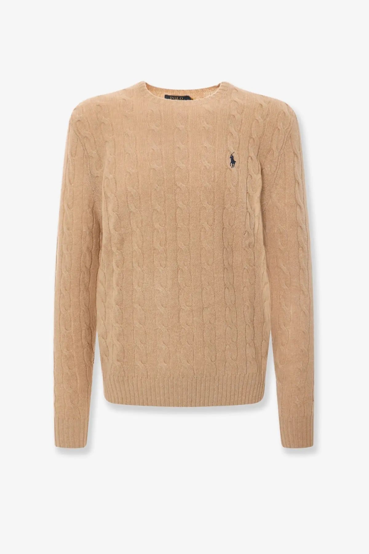 Beige cable-knit wool and cashmere blend sweater with small embroidered polo player logo on left chest by Polo Ralph Lauren