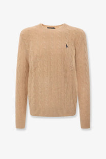Beige cable-knit wool and cashmere blend sweater with small embroidered polo player logo on left chest by Polo Ralph Lauren