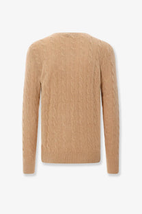Beige Polo Ralph Lauren men’s wool and cashmere blend cable knit sweater with ribbed hem and cuffs